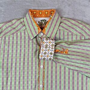 Robert Graham Shirt Mens L Green Striped Floral Trim Embroidered Button Up